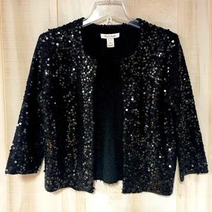 White House Black Market Black Sequin Covered 3/4 Sleeve Open Cardigan Sz M